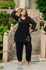 Plus Size Festive Black Embroidered Co-ord Set with Rose Motifs