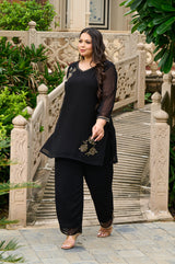 Plus Size Festive Black Embroidered Co-ord Set with Rose Motifs