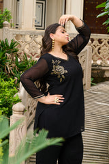 Plus Size Festive Black Embroidered Co-ord Set with Rose Motifs