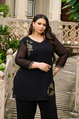 Plus Size Festive Black Embroidered Co-ord Set with Rose Motifs