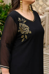 Plus Size Festive Black Embroidered Co-ord Set with Rose Motifs