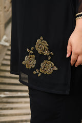 Plus Size Festive Black Embroidered Co-ord Set with Rose Motifs