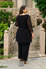 Plus Size Festive Black Embroidered Co-ord Set with Rose Motifs