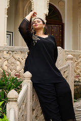 Plus Size Festive Black Embroidered Co-ord Set with Rose Motifs