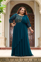Plus Size Effortless Glamourous Teal Majesty Drape Saree Gown