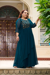Plus Size Effortless Glamourous Teal Majesty Drape Saree Gown