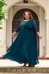 Plus Size Effortless Glamourous Teal Majesty Drape Saree Gown