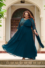 Plus Size Effortless Glamourous Teal Majesty Drape Saree Gown