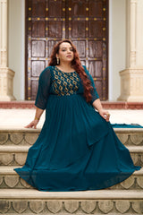 Plus Size Effortless Glamourous Teal Majesty Drape Saree Gown