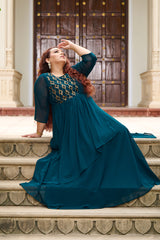 Plus Size Effortless Glamourous Teal Majesty Drape Saree Gown