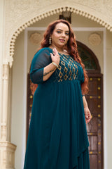 Plus Size Effortless Glamourous Teal Majesty Drape Saree Gown