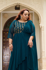 Plus Size Effortless Glamourous Teal Majesty Drape Saree Gown