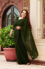Plus Size Mehendi Green Ceroski Ready to Wear Drape Saree