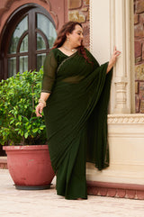 Plus Size Mehendi Green Ceroski Ready to Wear Drape Saree