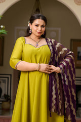 Plus Size Mehfil Magic Parrot Anarkali with Contrast Plum Dupatta