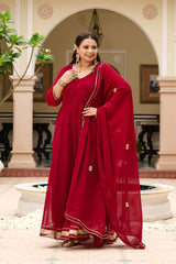 Plus Size Festive Maroon Georgette Anarkali Set with Hand Embellishments