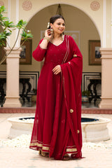 Plus Size Festive Maroon Georgette Anarkali Set with Hand Embellishments