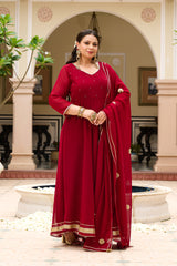 Plus Size Festive Maroon Georgette Anarkali Set with Hand Embellishments