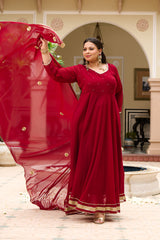 Plus Size Festive Maroon Georgette Anarkali Set with Hand Embellishments