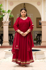 Plus Size Festive Maroon Georgette Anarkali Set with Hand Embellishments