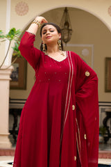Plus Size Festive Maroon Georgette Anarkali Set with Hand Embellishments