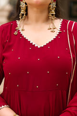 Plus Size Festive Maroon Georgette Anarkali Set with Hand Embellishments
