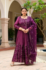 Plus Size Majestic Wine Embellished Anarkali with Organza Dupatta