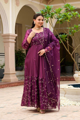 Plus Size Majestic Wine Embellished Anarkali with Organza Dupatta