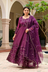 Plus Size Majestic Wine Embellished Anarkali with Organza Dupatta