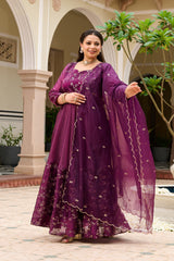 Plus Size Majestic Wine Embellished Anarkali with Organza Dupatta
