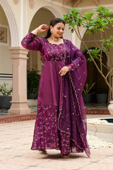 Plus Size Majestic Wine Embellished Anarkali with Organza Dupatta