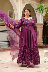 Plus Size Majestic Wine Embellished Anarkali with Organza Dupatta