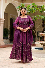 Plus Size Majestic Wine Embellished Anarkali with Organza Dupatta