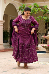 Plus Size Majestic Wine Embellished Anarkali with Organza Dupatta