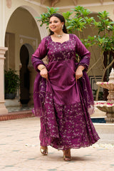 Plus Size Majestic Wine Embellished Anarkali with Organza Dupatta