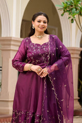Plus Size Majestic Wine Embellished Anarkali with Organza Dupatta