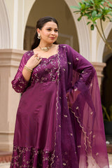 Plus Size Majestic Wine Embellished Anarkali with Organza Dupatta