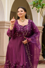 Plus Size Majestic Wine Embellished Anarkali with Organza Dupatta