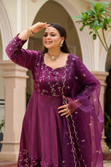 Plus Size Majestic Wine Embellished Anarkali with Organza Dupatta