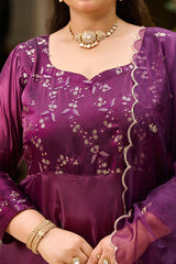 Plus Size Majestic Wine Embellished Anarkali with Organza Dupatta