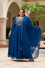 Plus Size Mehr Jaal Mirror Embroidered Teal Blue Anarkali with Dupatta