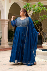 Plus Size Mehr Jaal Mirror Embroidered Teal Blue Anarkali with Dupatta