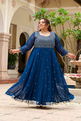Plus Size Mehr Jaal Mirror Embroidered Teal Blue Anarkali with Dupatta