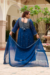 Plus Size Mehr Jaal Mirror Embroidered Teal Blue Anarkali with Dupatta