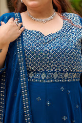 Plus Size Mehr Jaal Mirror Embroidered Teal Blue Anarkali with Dupatta