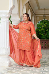 Exclusive Sunset Glow Hand-Embroidered Orange Kurta Set with Scalloped Dupatta