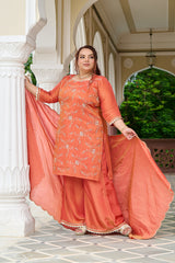 Exclusive Sunset Glow Hand-Embroidered Orange Kurta Set with Scalloped Dupatta