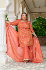 Exclusive Sunset Glow Hand-Embroidered Orange Kurta Set with Scalloped Dupatta