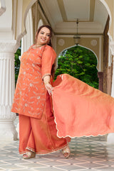 Exclusive Sunset Glow Hand-Embroidered Orange Kurta Set with Scalloped Dupatta
