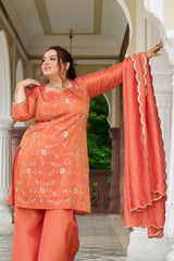 Exclusive Sunset Glow Hand-Embroidered Orange Kurta Set with Scalloped Dupatta